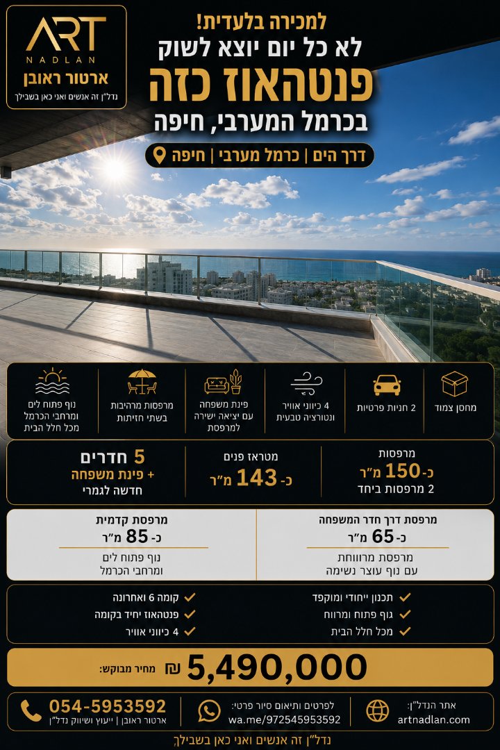 🌅 למכירה בלעדית-לא כל יום יוצא לשוק פנטהאוז כזה בכרמל המערבי,חיפה