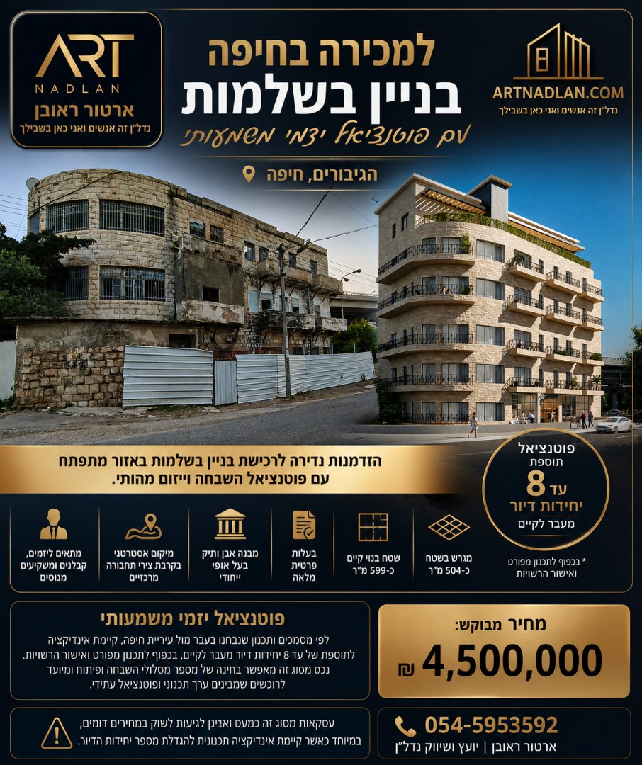 🏗️ למכירה בחיפה - בניין בשלמות עם פוטנציאל יזמי משמעותי 🏗️