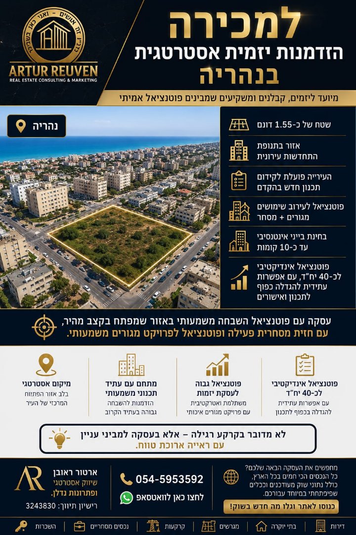  למכירה-בהזדמנות יזמית אסטרטגית בנהריה 🔥