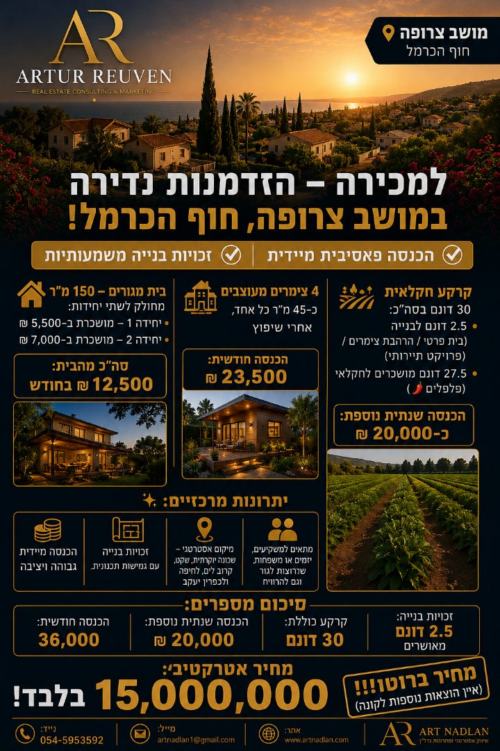 💥 למכירה – הזדמנות נדירה במושב צרופה, חוף הכרמל! 💥