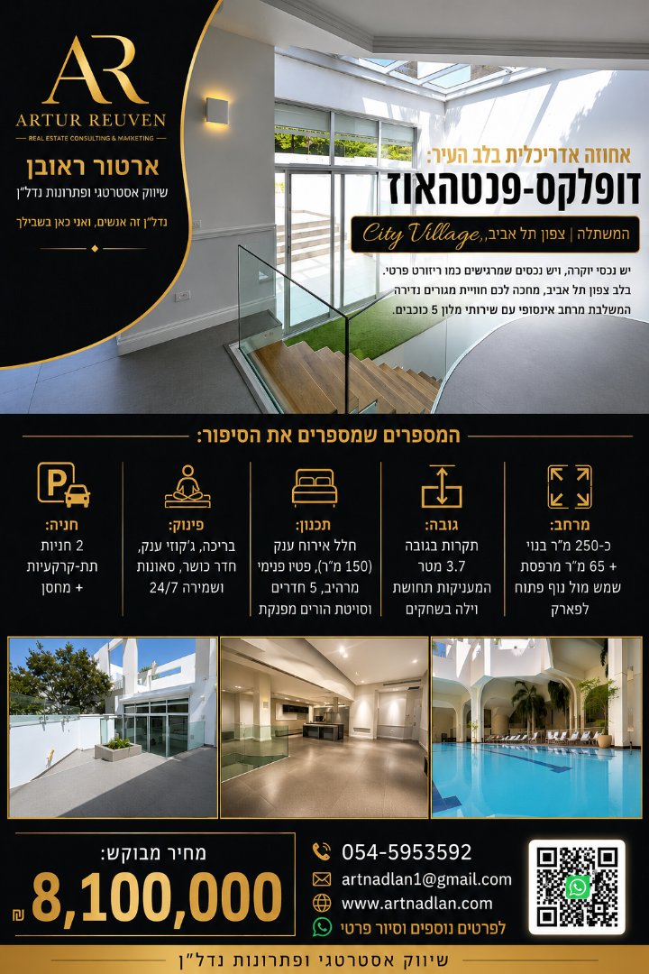 🌿 למכירה-פנטהאוז דופלקס יוקרתי בפרויקט פאר | המשתלה צפון תל אביב