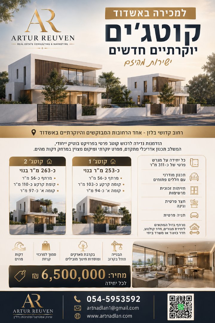 🌟 למכירה בהזדמנות נדירה באשדוד – זוג קוטג’ים אדריכליים ברמה בינלאומית ישירות מהיזם 🌟 (החלה הבנייה)