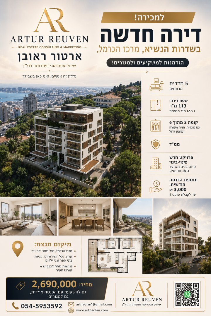 🌟 למכירה! דירה חדשה בשדרות הנשיא, מרכז הכרמל, חיפה - הזדמנות למשקיעים ולמגורים! 🌟