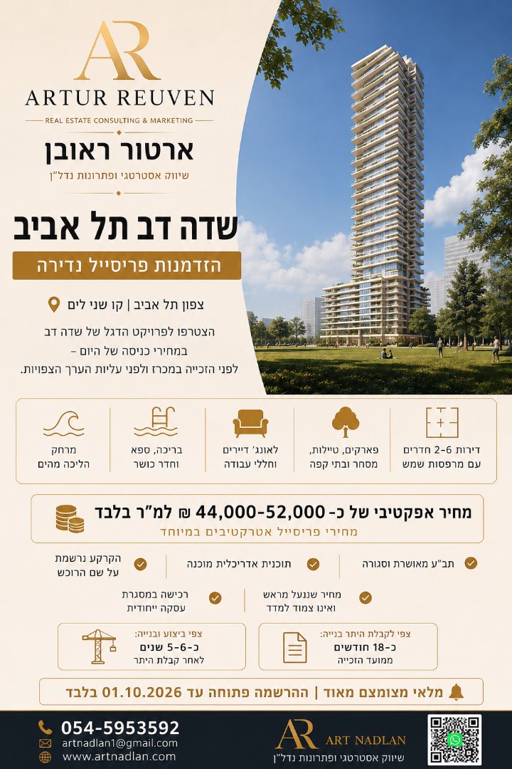 🔥 שדה דב תל אביב - הזדמנות פריסייל נדירה 🔥