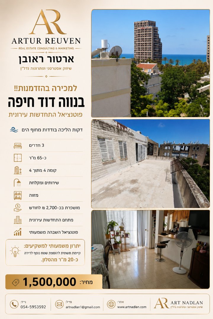 🌊 למכירה בהזדמנות!! בנווה דוד חיפה -פוטנציאל התחדשות עירונית 🌊