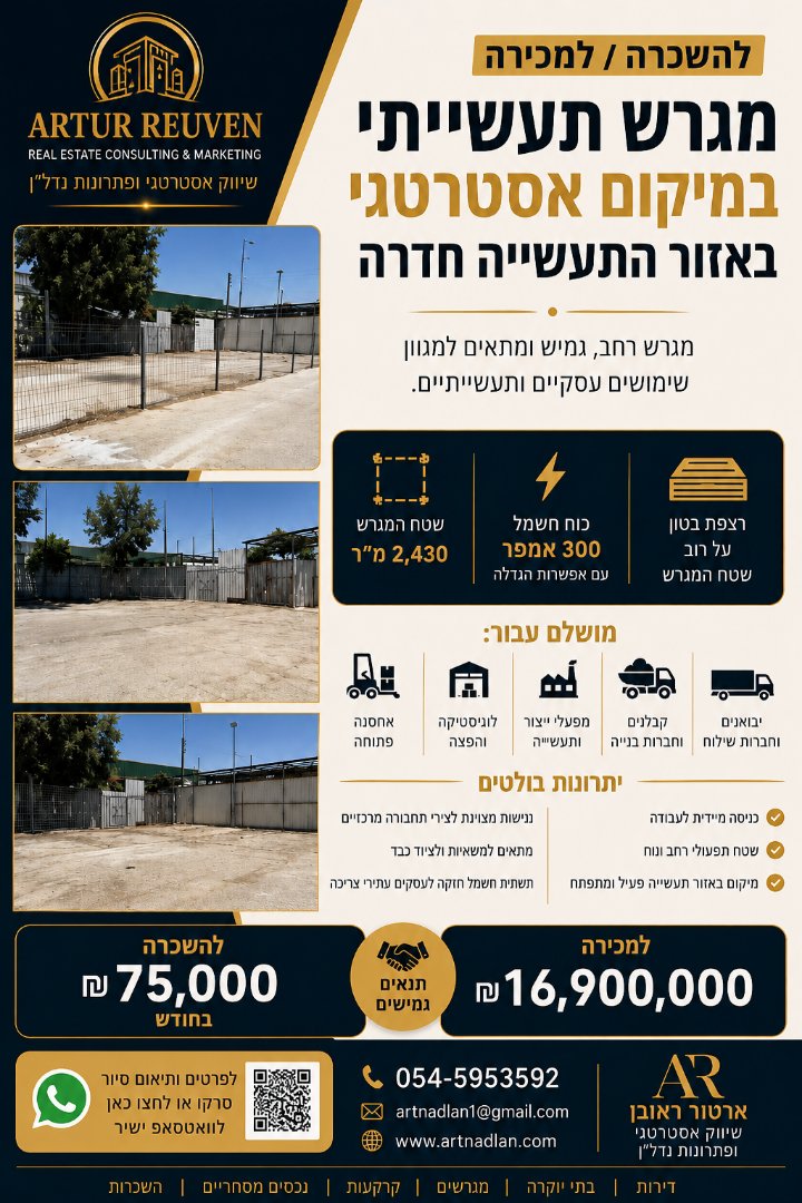 🏭 למכירה / להשכרה | מגרש תעשייתי באזור התעשייה חדרה