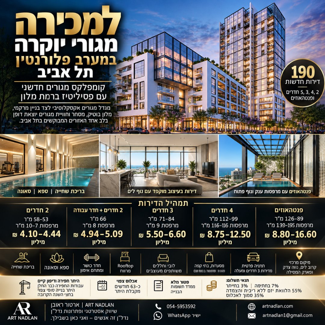 מערב פלורנטין | קומפלקס יוקרה עם פסיליטיז ברמת מלון — תמונה 3